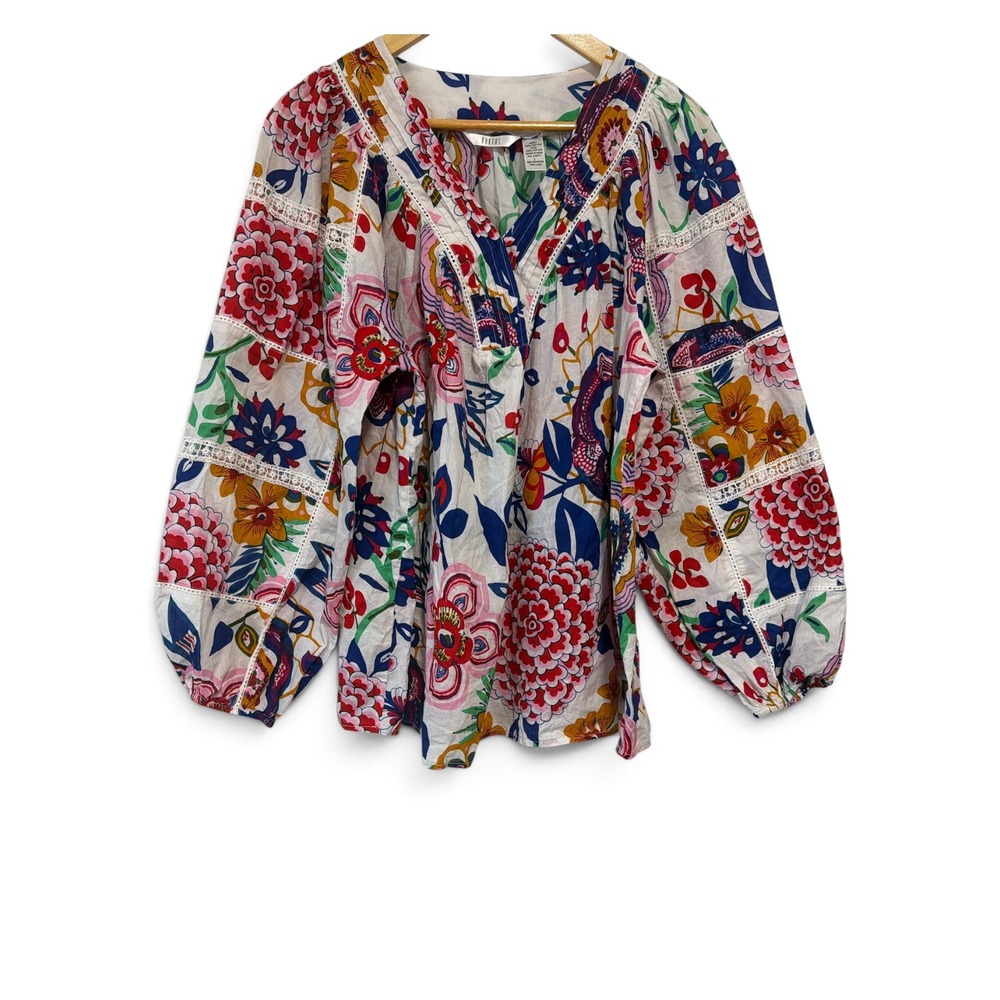Kaktus Womens Large Floral Cotton Peasant Blouse Balloon Sleeve Lace Trim Boho L